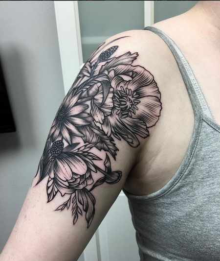 Tattoos - Mixed Floral on Shoulder- Instagram @michaelbalesart - 121892